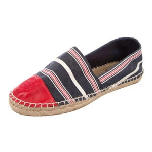 Tory Burch Nautical Blue Stripe Leather Cap Toe Jute Espadrilles Size 9‎